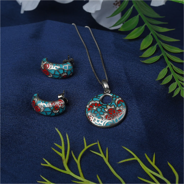 Classic Enamel Feather Print Pendant Set - PS06