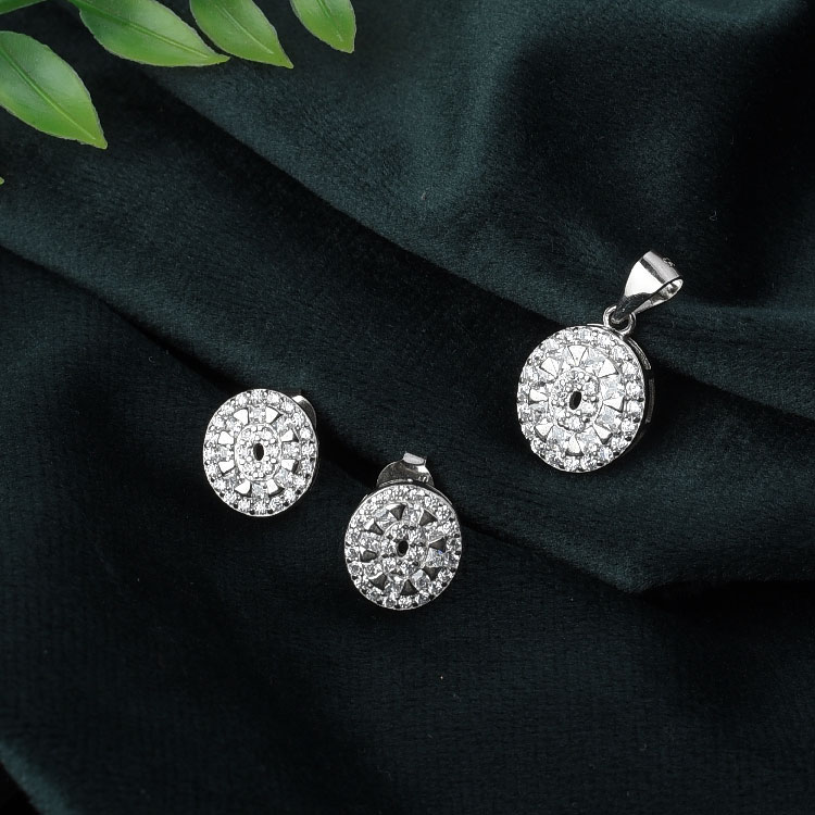 Round Halo Cubic Silver Earring & Pendant Set - PS19