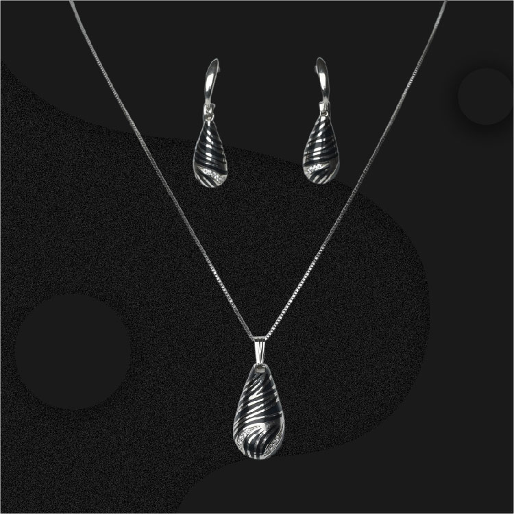 Teardrop Shape Black Strips Silver Pendant Set - PS11