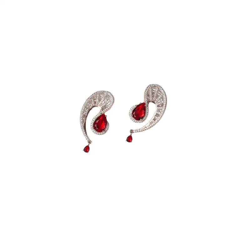 Silver Swan Drop Earrings with Ruby Stone - ER01